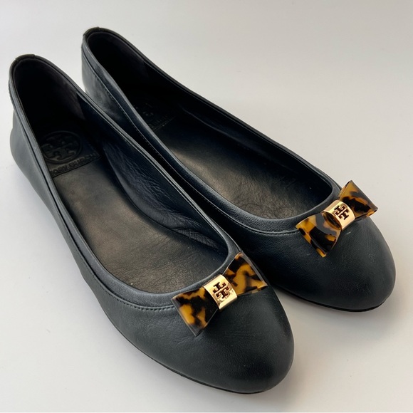 Tory Burch Sz 8 Preppy Ballet flats tortoise bow Jolene Tortuga Gold Reva navy - Picture 12 of 16
